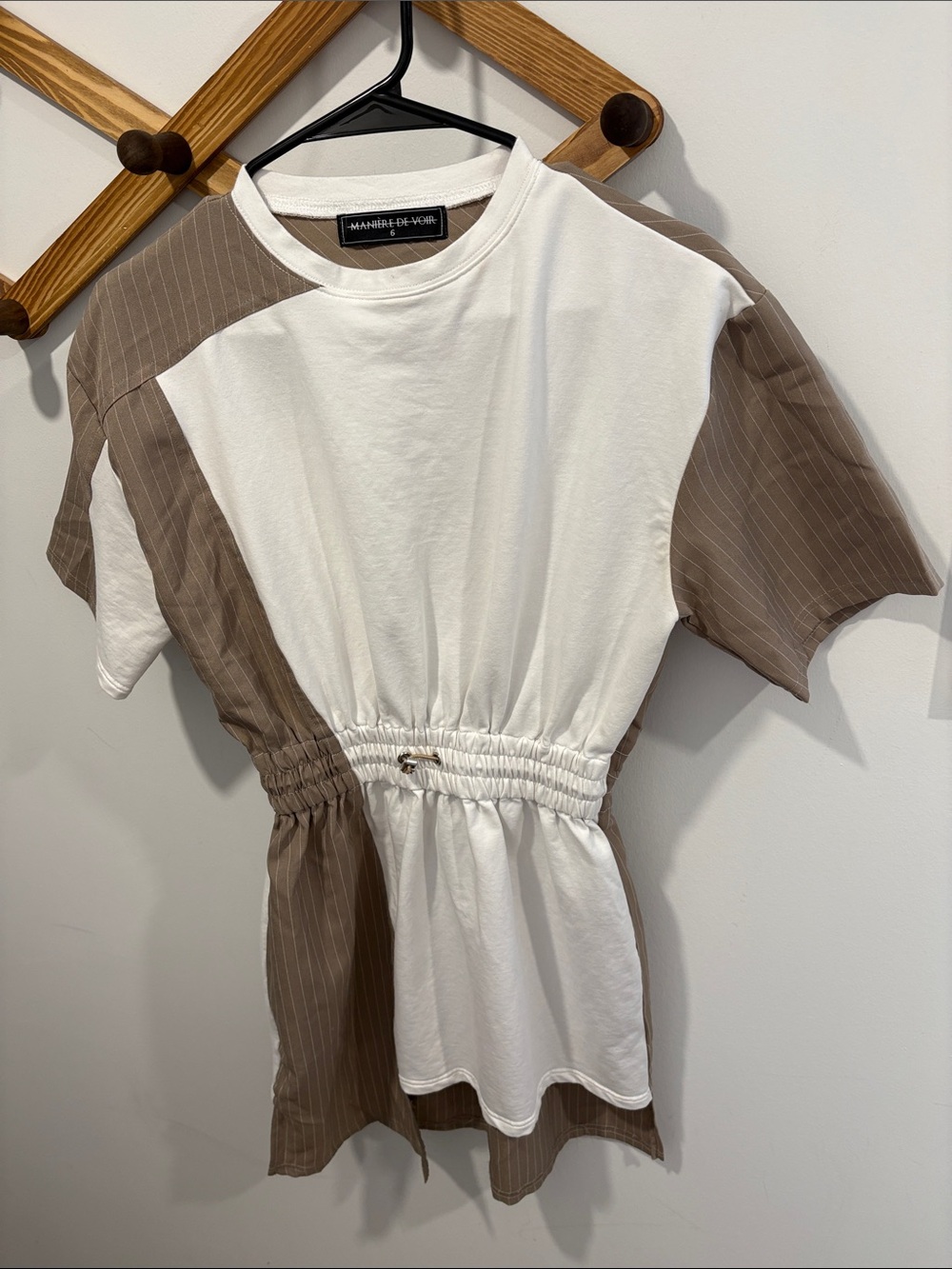 Manière De Voir Asymmetrical Pinstripe Mini Dress in white and taupe.